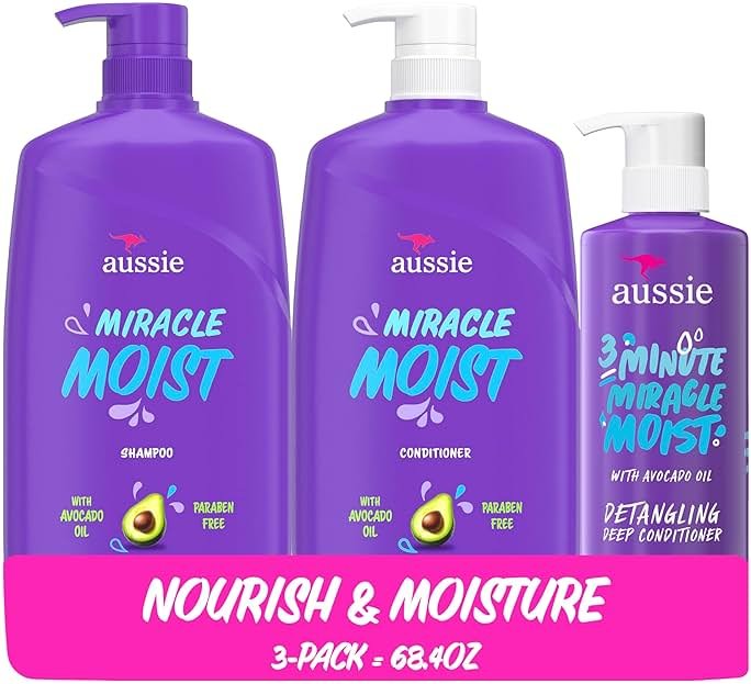 Aussie Miracle Moist Shampoo and Conditioner with 3 Minute Miracle Deep Conditioner, Avocado & Jojoba Oil, Paraben-Free, Moisturizes & Detangles, All Hair Types, Citrus Floral Scent, 3 Pack 68.4 Fl Oz - Product Image