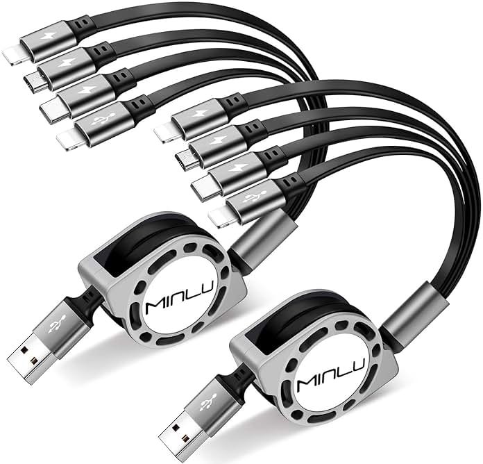MINLU Multi Charging Cable 4A, 2Pack 4Ft Retractable Multi Fast Charger Cable, Multiple Charging Cord, 4 in 1 Multi USB Cable with Type C/Micro USB Ports for Cell Phones/IP/Galaxy/PS/Tablets/iPads - Product Image