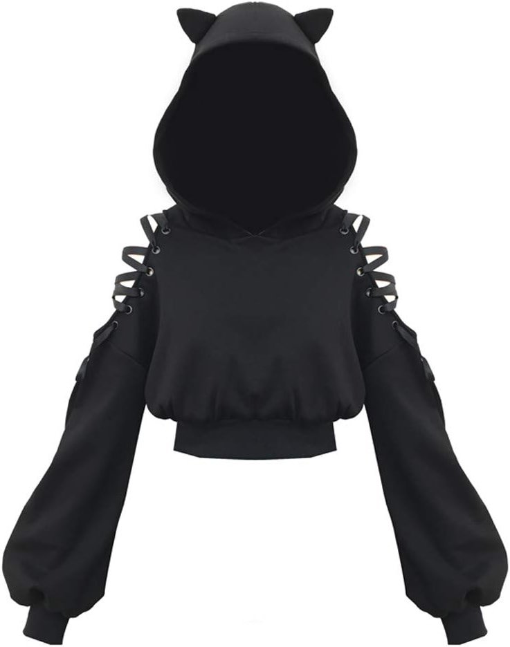 YEMOCILE Women Hoodies Long Sleeve Cute Ear Cat Off Shoulder Crop Top Pullover Sweatshirt - Product Image