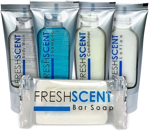 Freshscent Hotel Collection 250 Piece Set. Travel Size Amenities Bulk Toiletries Kit of 50 Each 1oz tubes Shampoo, Conditioner, Body Wash and Lotion. 50 Bars 1oz Soap - Product Image