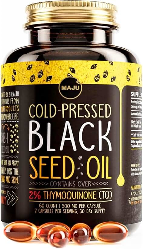 Maju Superfoods Black Seed Oil Capsules - Cold Pressed, 2% Thymoquinone, 100% Turkish Black Cumin Nigella Sativa Seed Oil, Liquid Pure Blackseed 60 Count, 500mg per Capsule - Product Image