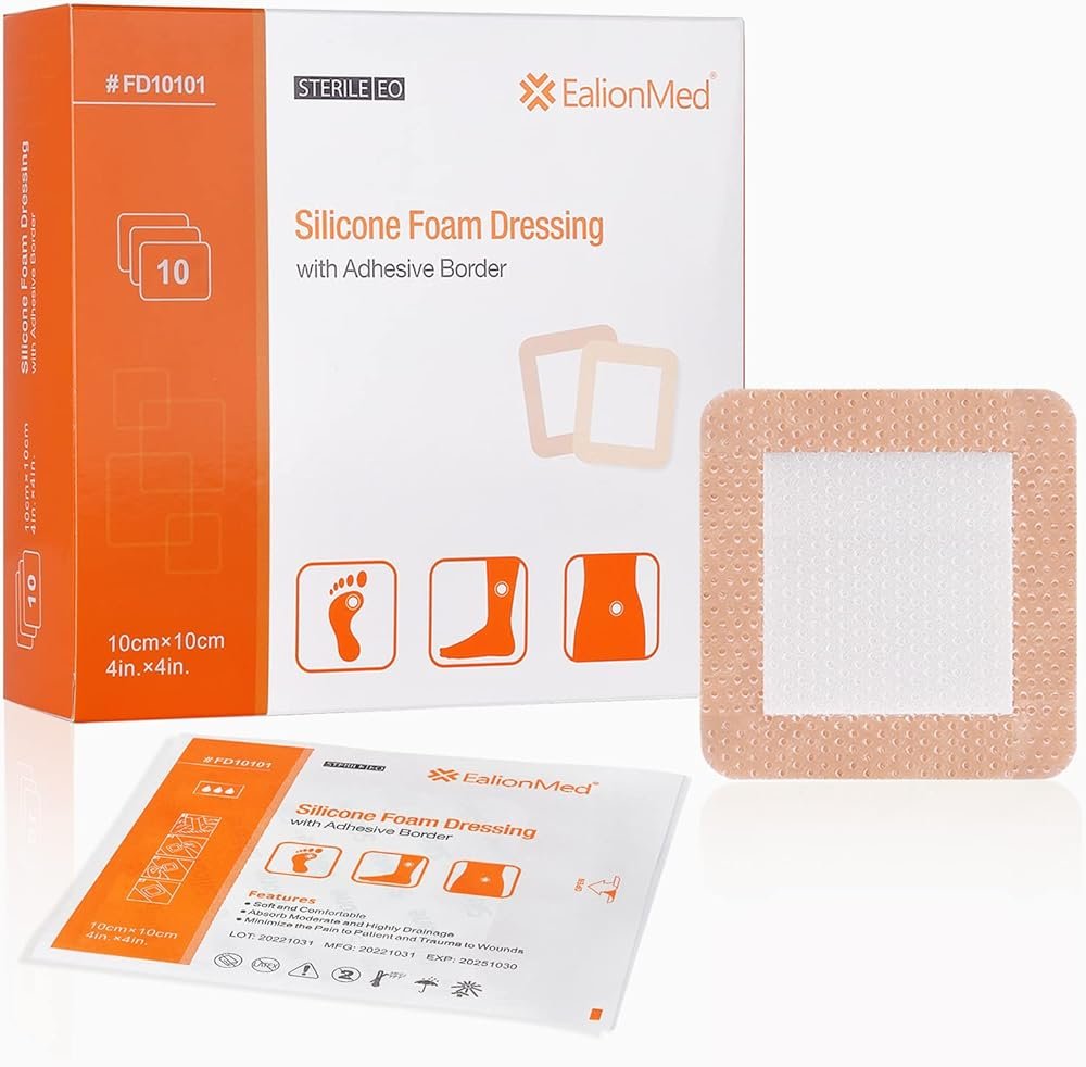 EalionMed Silicone Foam Dressing with Gentle Adhesive Border 4''x4'', 10 Pack, Painless Removal High Absorbency Bed Sore Wound Bandage for Pressure Sore, Leg Ulcer, Diabetic Ulcer - Product Image