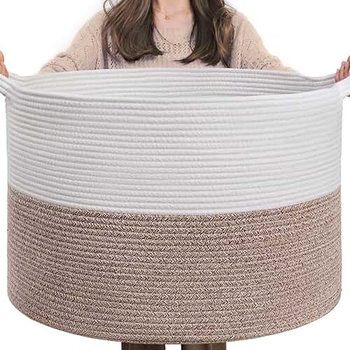 INDRESSME XXXLarge Blanket Basket for Living Room 21.7" x 21.7" x 13.8"-Storage Basket with Handle for Organizing Toy Pillows Woven Cotton Rope Laundry Basket Stuffed Animal Toy Storage for Play Room - Product Image