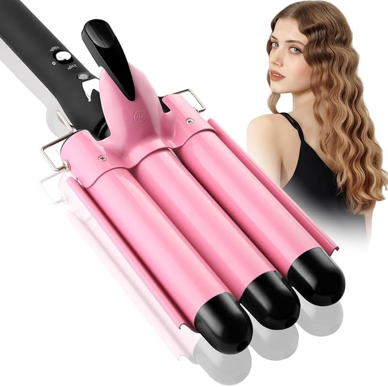 3 Barrel Curling Iron Hair Crimper: Birthday Gifts for Women - Dual Voltage Adjustable Temperature Three Barrels Hair Waver - 1 Inch Ceramic Curler Wand (Pink) - Product Image