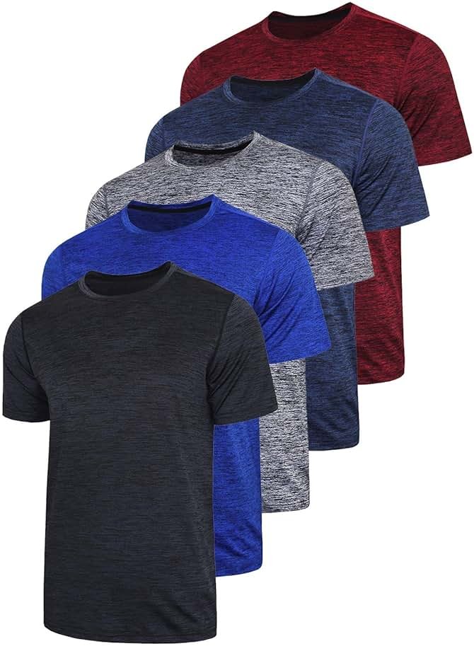 5 Pack Men’s Active Quick Dry Crew Neck T Shirts | Athletic Running Gym Workout Short Sleeve Tee Tops Bulk - Product Image