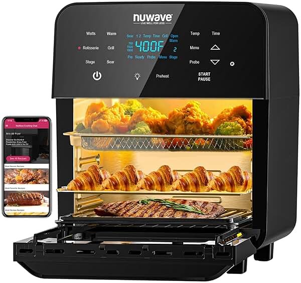 Nuwave Brio 15.5Qt Air Fryer Rotisserie Oven, X-Large Family Size, Powerful 1800W, 4 Rack Positions, 50°-425°F Temp Controls, 100 Presets & 50 Memory, Integrated Smart Thermometer, Linear T Technology - Product Image
