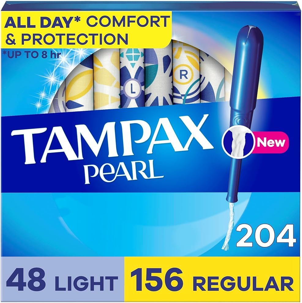 Tampax Pearl Tampons for Women Multipack, with LeakGuard Braid, Light/Regular Absorbency, Unscented, 204 Count (6 Packs of 34) - Product Image