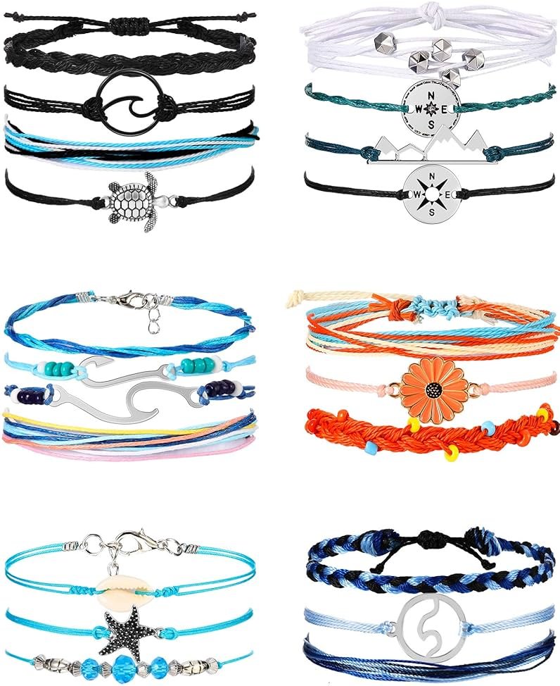 Hicarer 21 PC Surfer Wave Friendship Bracelet Set Waterproof Adjustable Boho Beach String Anklets Bulk, Summer Gift for Women - Product Image