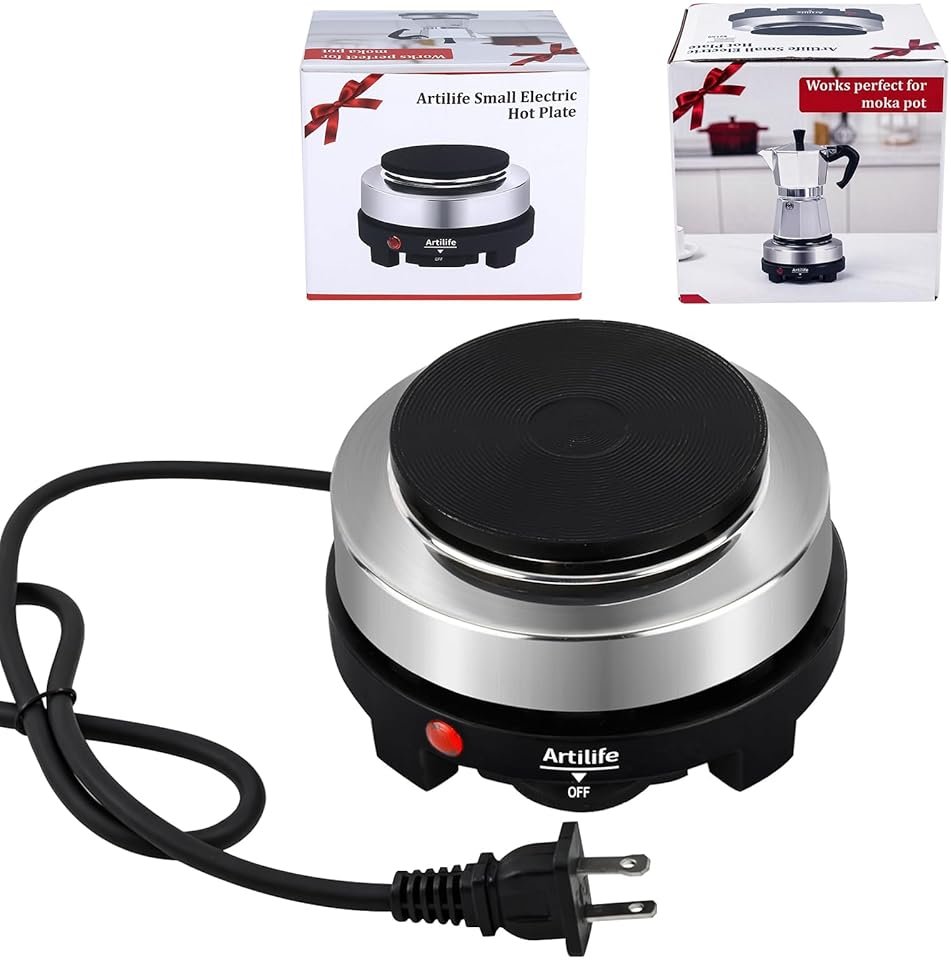 Artilife 500W Mini Electric Hot Plate - Moka Pot Special, 110V Compact RV Camping Stove, 4" Cast Iron Burner for Coffee, Low Wattage Portable (Silver) - Product Image