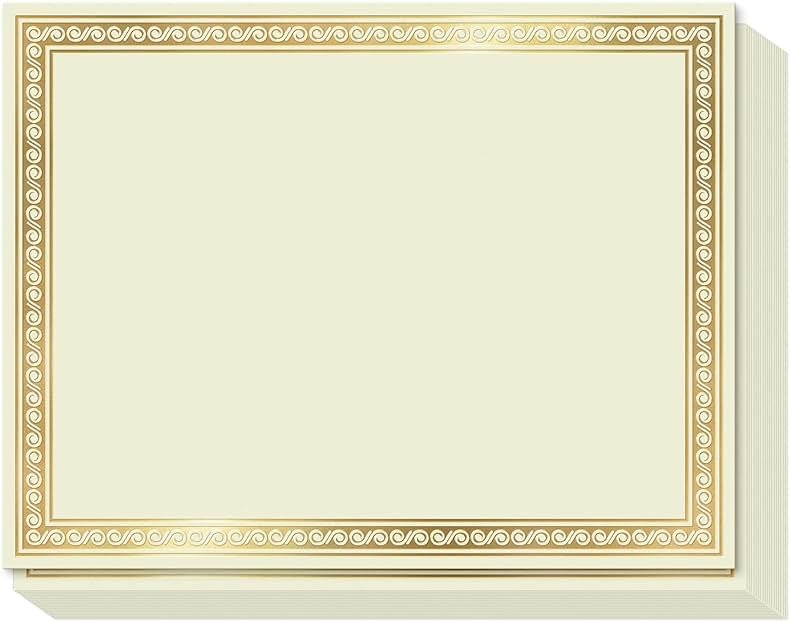Sweetzer & Orange 50 Certificate Paper 8.5 x 11 for Printing, 180gsm Cardstock Gold Border Award Certificates Paper for Completion of Graduation Diploma, Employee of the Month & Sports Achievements - Product Image