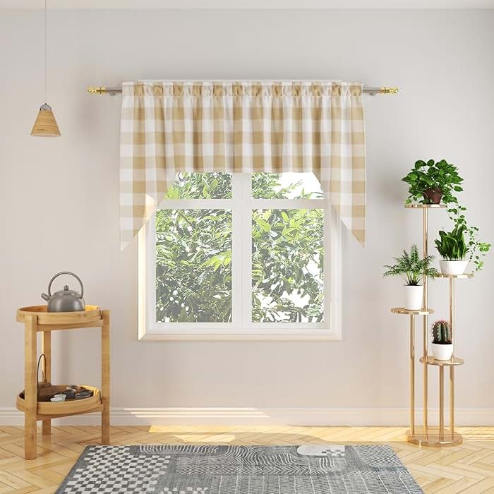 NATUS WEAVER Curtain Swags for Widnows 1 Panel Classic Buffalo Check Swag Country Farmhouse Kitchen Window Curtain - Beige & White, W 54" x L 36" with a 16" Center Drop - Product Image