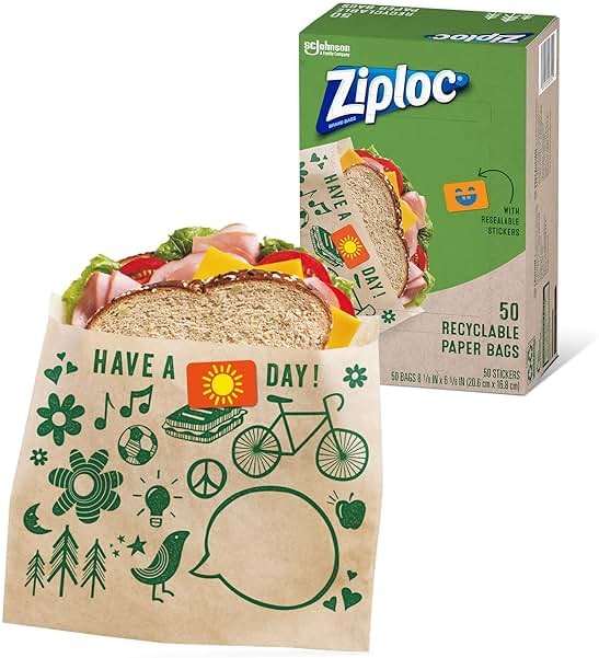 Ziploc Paper Sandwich and Snack Bags, Recyclable & Sealable with Fun Designs, 50 Bags Total - Product Image