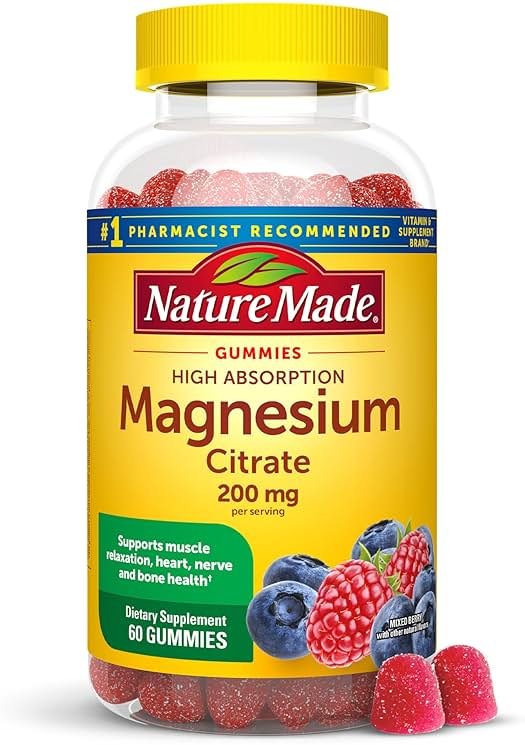 Nature Made High Absorption Magnesium Citrate 200 mg per serving, Magnesium Supplement for Muscle, Nerve, Bone and Heart Support, 60 Magnesium Gummies, 30 Day Supply - Product Image