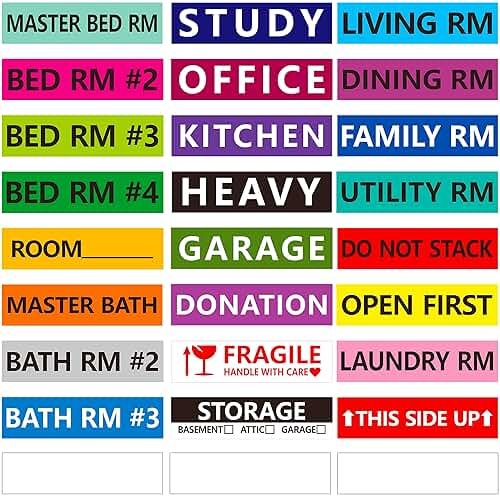 1200 Pcs 25 Designs Pre-Printed Color-Coded Home Moving Box Labels with Customizable Blank Sticker (Each Measures 3.9” x 0.9”) - Product Image
