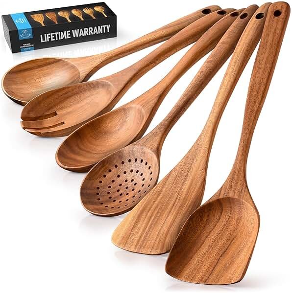 Zulay Kitchen 6 Piece Wooden Spoons for Cooking – Natural Teak Wooden Utensil Set, Easy to Clean, Durable, Smooth with Comfort Grip - Non Toxic Wooden Cooking Utensil Sets - Product Image