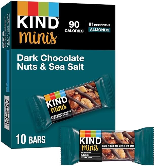 KIND Mini Snack Bars, Dark Chocolate Nuts & Sea Salt, Gluten Free, Low Sugar, Low Calorie Snacks, 10 Count - Product Image