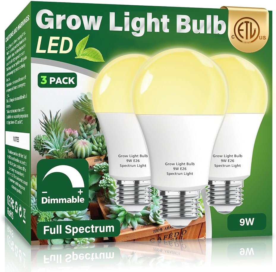 Wiyifada 3 Pack Full Spectrum Grow Light Bulbs,A19 Grow Lights for Indoor Plants,Dimmable E26 9W Grow Bulb Replace up to 100W,Plant Lights for Indoor Growing,Flowers,Greenhouse,Indore - Product Image