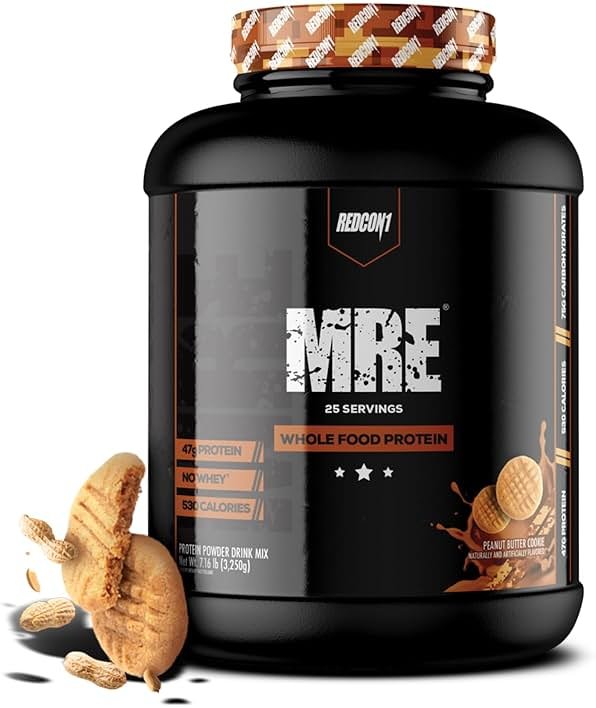 REDCON1 MRE Whole Food Protein Powder, Peanut Butter Cookie - Meal Replacement Made with Animal and Plant Based Protein Sources, Nutrient and Calorie Dense, 0g Added Sugar (24 Servings) - Product Image