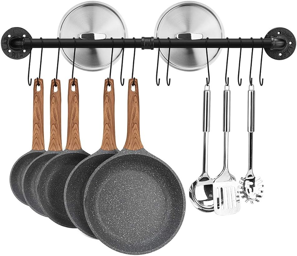 Toplife 31.5 inch Pot Rack, Kitchen Wall Mounted Detachable Pan Lid Utensils Organizer Hanging Rail with 14 Hooks, Black - Product Image