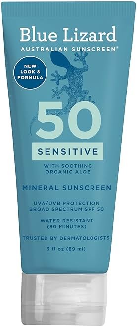 Blue Lizard SENSITIVE Mineral Sunscreen with Zinc Oxide, SPF 50+, Water Resistant, UVA/UVB Protection with Smart Cap Technology - Fragrance Free, 3 oz. Tube - Product Image
