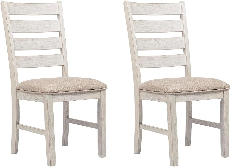 Signature Design by Ashley Skempton Dining Chairs Set of 2, Cushioned Seat, Wood and Engineered Wood, Coastal Farmhouse Kitchen Seating, White & Light Brown, 18" W x 22" D x 39" H - Product Image