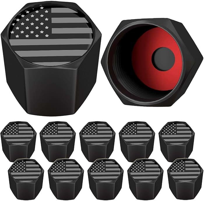 SAMIKIVA American Flag Tire Valve Stem Caps, USA with O Rubber Ring, Universal Stem Covers for Cars, SUVs, Bike, Bicycle, Trucks, Motorcycles, Airtight Heavy Duty (12 Pack) (Black Gray USA (12 Pack)) - Product Image