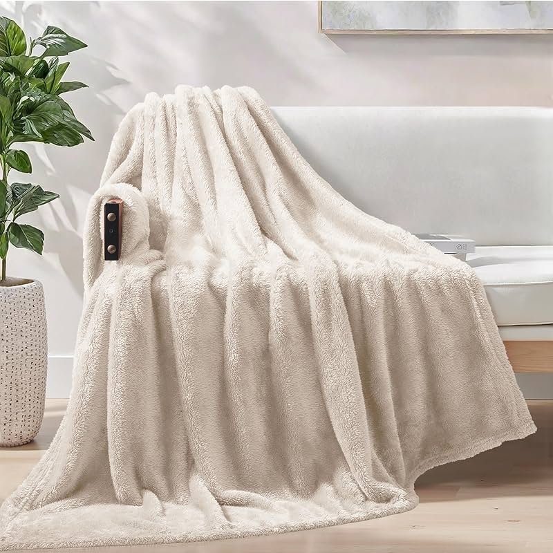 Exclusivo Mezcla Plush Fuzzy Fleece Throw Blanket Extra Large, Super Soft, Fluffy and Warm Blankets for Couch, Bed, All Season (Beige, 50x70 inches) - Product Image