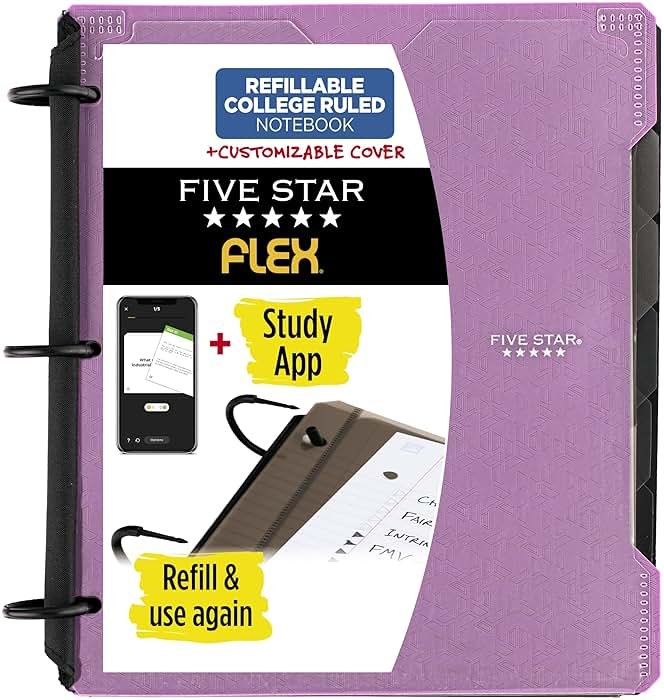 Five Star Flex Refillable Notebook + Study App, College Ruled Paper and 1 Inch TechLock Ring Binder with Customizable Cover, Pockets, Tabs and Dividers, 200 Sheet Capacity, Amethyst Purple (293260AB6) - Product Image