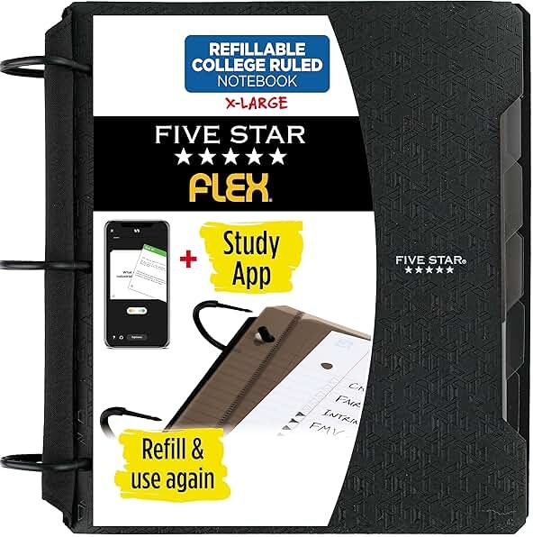 Five Star Flex Refillable Notebook + Study App, College Ruled Paper and 1-1/2 Inch TechLock Ring Binder with Pockets, Tabs and Dividers, 300 Sheet Capacity, Black (29324AA2) - Product Image