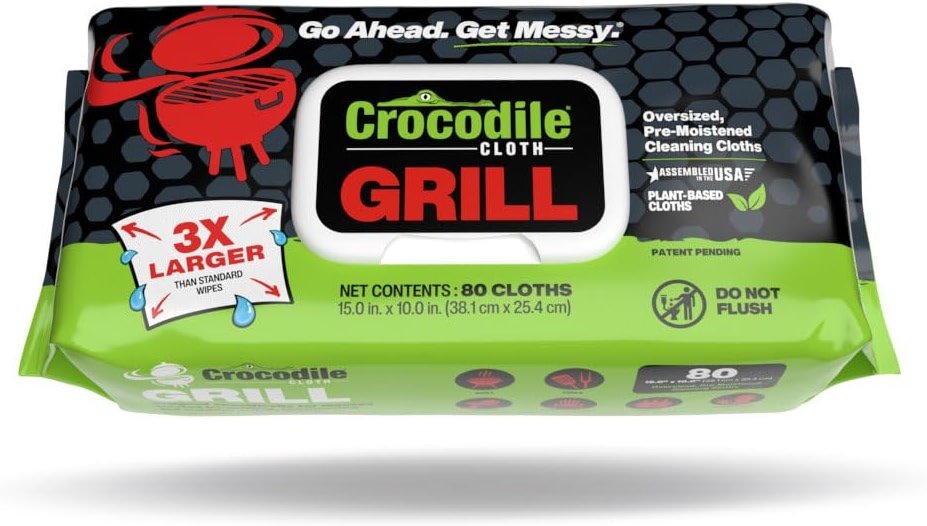 Crocodile Cloth Grill - 80 (15" x 10") Plant-based Cleaning Wipes. Safe on Skin & Multiple Surfaces. Infused with Aloe & Vitamin E. Large, Pre-Moistened & Absorbent. - Product Image