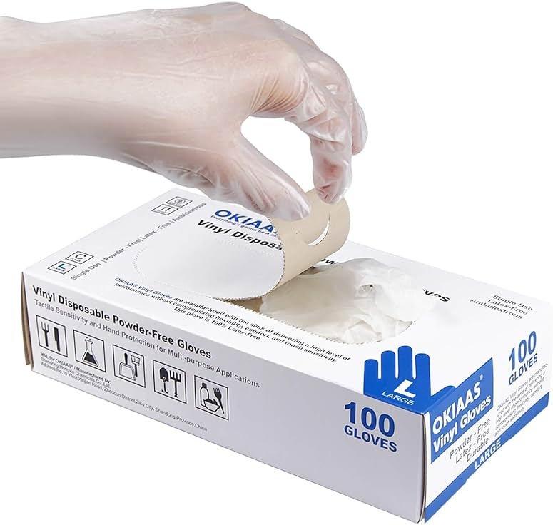 OKIAAS Disposable Gloves L, Food Safe| Latex-Free and Powder-Free Clear Vinyl Gloves for Cooking, Food Prep, Household Cleaning | Medium,100 Counts/Box - Product Image