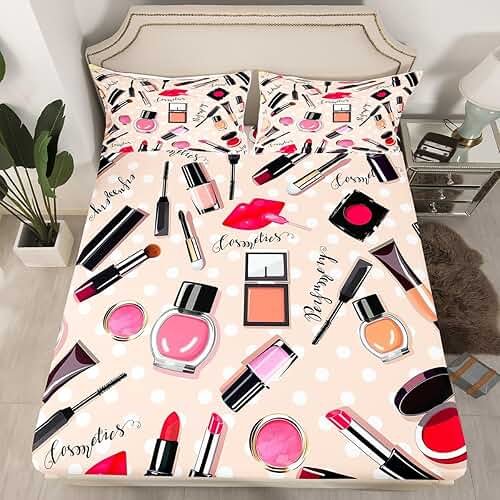Erosebridal Fashion Bedding Set Makeup Cosmetic Theme Bed Cover Perfume Lipstick Modern Fitted Sheet Soft Microfiber Home Decor for Women Girls 1 Fitted Sheet with 2 Pillow Cases Full Size - Product Image