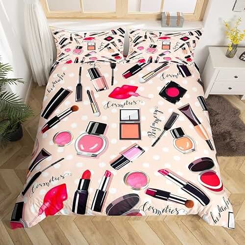 Erosebridal Fashion Bedding Set Makeup Cosmetic Theme Duvet Cover Perfume Lipstick Modern Comforter Cover Soft Microfiber Home Decor for Women Girls 1 Quilt Cover with 1 Pillow Case Twin Size - Product Image