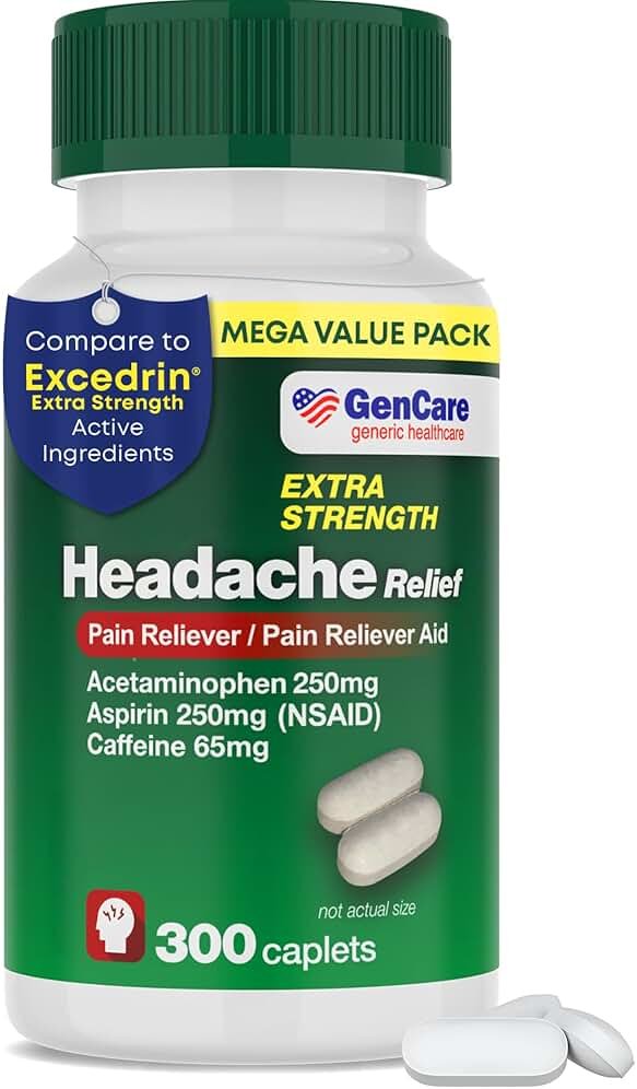 GenCare - Headache Relief Acetaminophen with Aspirin (NSAID) & Caffeine (300 Caplets) Value Pack | Head Pain, Muscle Aches, Back Pain & Body | Generic ExcedrEn Extra Strength - Product Image