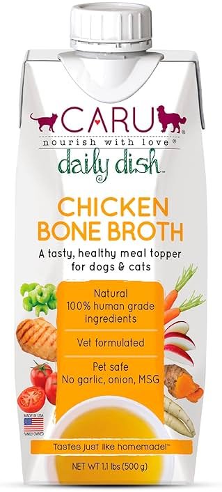 Caru - Daily Dish Chicken Bone Broth - Meal Topper for Dogs & Cats - Supports Overall Pet Health - Pour-Over Broth for Wet/Dry Food - Human Grade Ingredients - Non-GMO - Made in USA - 17.6 oz - 1 Pack - Product Image