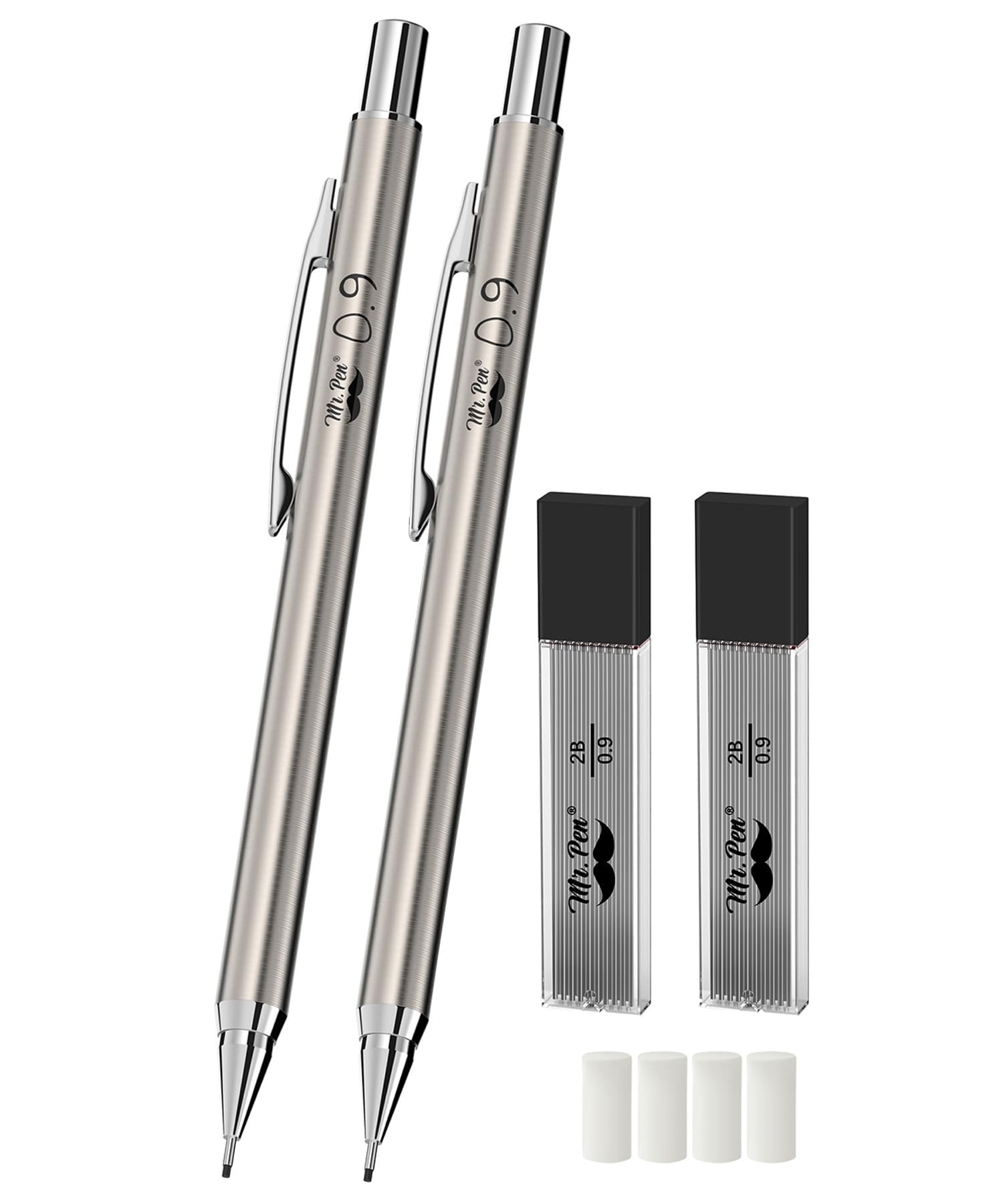 Mr. Pen- Metal Mechanical Pencil Set with Lead Refills & Erasers, 2 Pack, 0.9mm, 4x Tubes 2B Lead Refill, 4x Eraser Refills for School Supplies, Note Taking, Drawing, Sketching, Office - Product Image