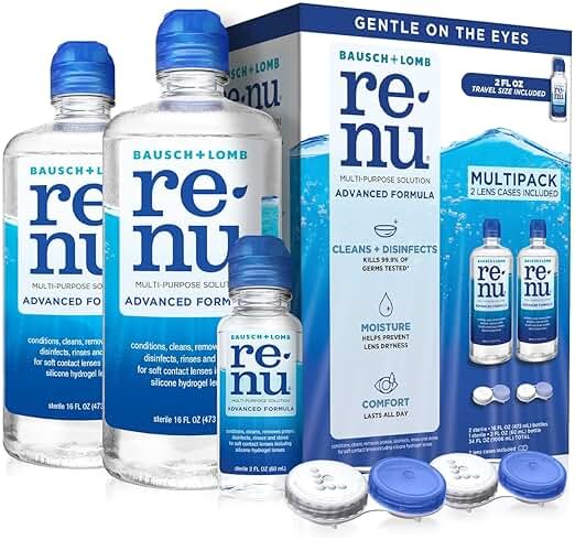 Renu Contact Lens Solution, Advanced Formula, Multi-Purpose Solution with Lens Case, Gently Cleans, Disinfects, Moisturizes & Hydrates Soft Lenses, 16 Fl Oz (Pack of 2) + Travel Size 2 Fl Oz - Product Image