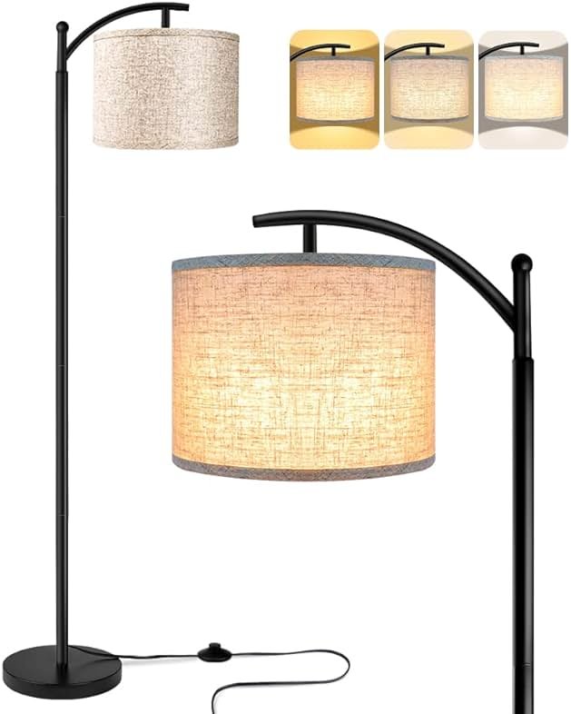 ROTTOGOON Floor Lamp for Living Room with 3 Color Temperatures LED Bulb, Standing Lamp Tall Industrial Floor Lamp Reading for Bedroom, Office (9W LED Bulb, Beige Lampshade Included) -Black - Product Image