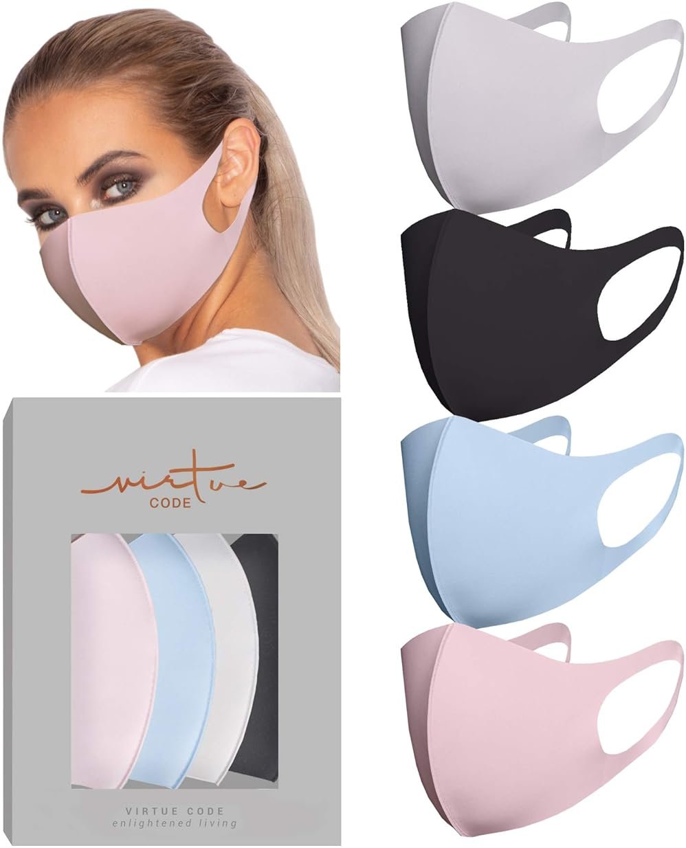 Virtue Code Second Skin Cloth Face Mask Pack. 4 Buttery Soft Masks Washable Fabric - Product Image