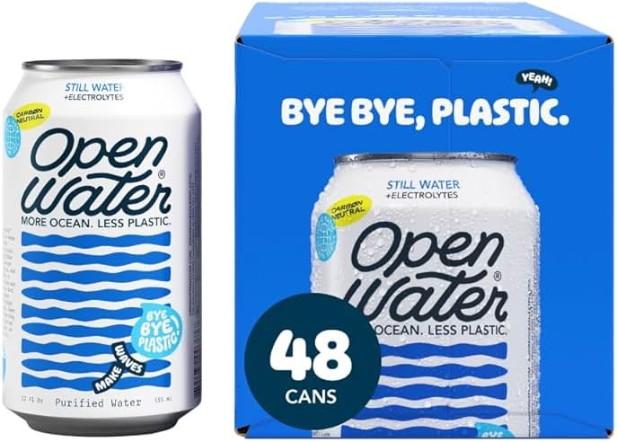 Open Water Still 12oz Cans (4 Cases, 48 Cans) - Sustainable Aluminum Canned Still Water With Electrolytes - 7.0 pH Balanced BPA-Free Ultra-Purified Water - Product Image