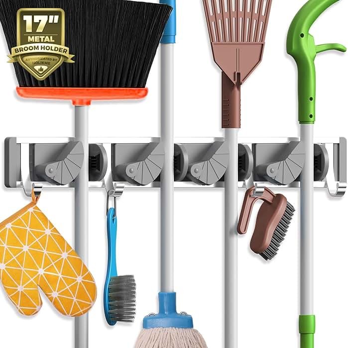 Holikme Mop Broom Holder Wall Mount Metal Pantry Organization and Storage Garden Kitchen Tool Organizer Wall Hanger for Home Goods (4 Positions with 4 Hooks, Silver) - Product Image