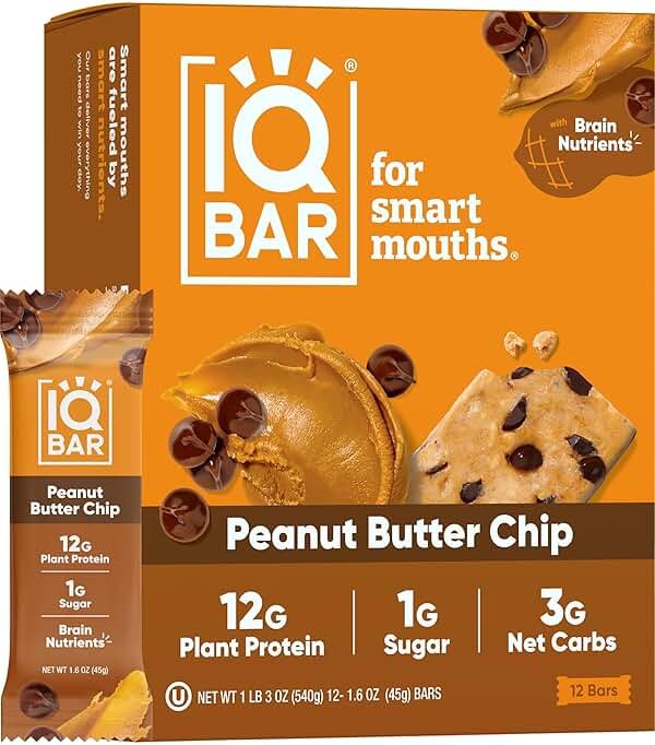 IQBAR Clean Plant Protein Bars - Peanut Butter Chip - 12 Count - Keto, Vegan, High Fiber, Gluten and Dairy Free, Low Sugar Snack - Brain and Body Nutrients for Focus, Energy, Meal Replacement - Product Image
