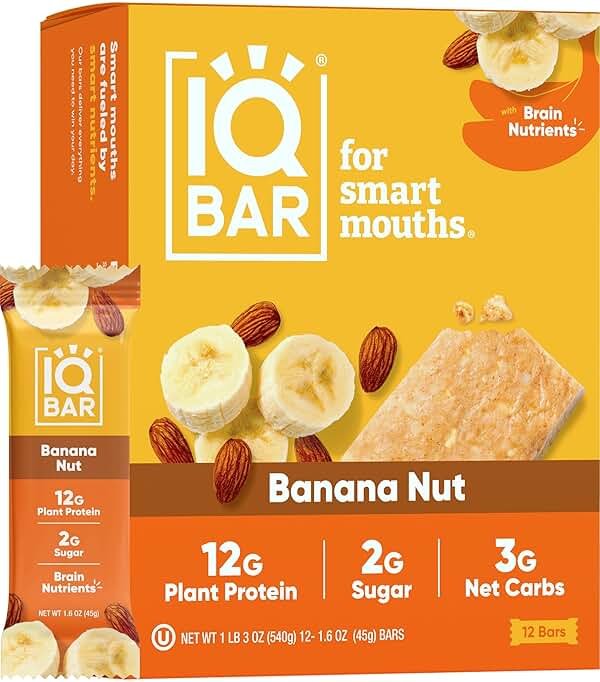 IQBAR Clean Plant Protein Bars - Banana Nut - 12 Count - Keto, Vegan, High Fiber, Gluten and Dairy Free, Low Sugar Snack - Brain and Body Nutrients for Focus, Energy, Meal Replacement - Product Image