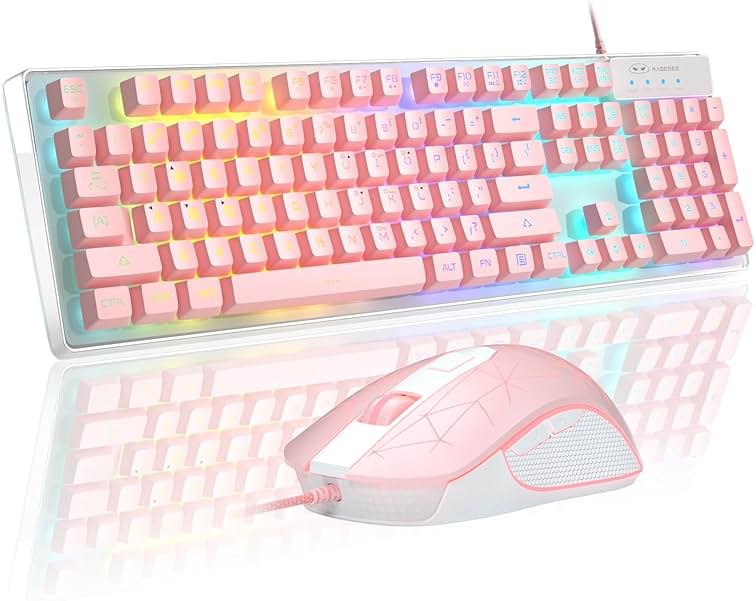Gaming Keyboard and Mouse Combo, K1 RGB LED Backlit Keyboard with 104 Keys Computer PC Gaming Keyboard for PC/Laptop (Pink) - Product Image