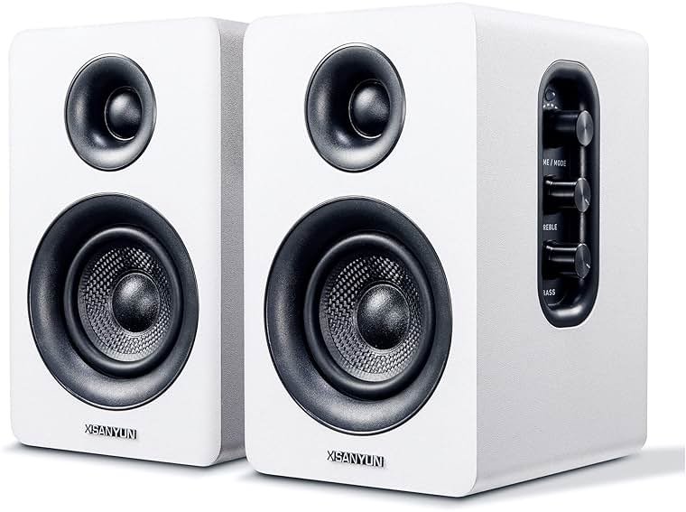 Sanyun SW208 3" Active Bluetooth 5.0 Bookshelf Speakers – 60W Carbon Fiber Speaker Unit - Built-in 24bit DAC Dynamic 3D Surround Sound 2.0 Computer PC Monitor Gaming (Pair, White) - Product Image