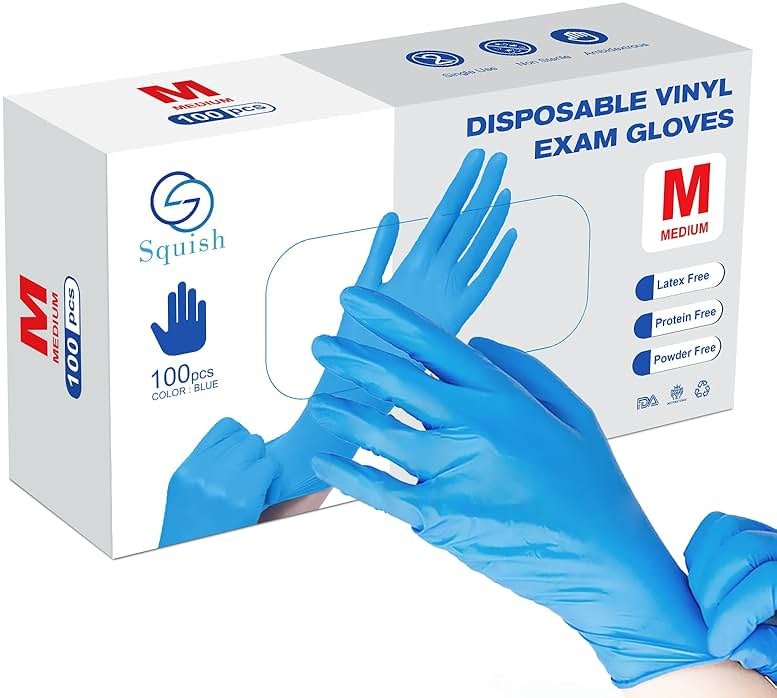 squish Disposable Gloves, Blue 4 mil Vinyl Synmax Blend Exam Gloves Non Sterile, Powder Free, Latex Free - Cleaning Supplies, Kitchen and Food Safe(Pack of 100) (Blue Medium) - Product Image