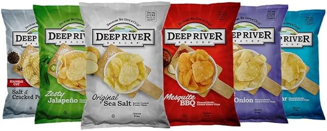 Deep River Potato Chips Variety Pack 6 Flavors 2 oz (24 Pack) - Kosher & Gluten Free, Kettle Cooked Potato Chips, 6 Flavors Assortment, Premium Snack Selection, Ideal for Parties & Gatherings - Product Image