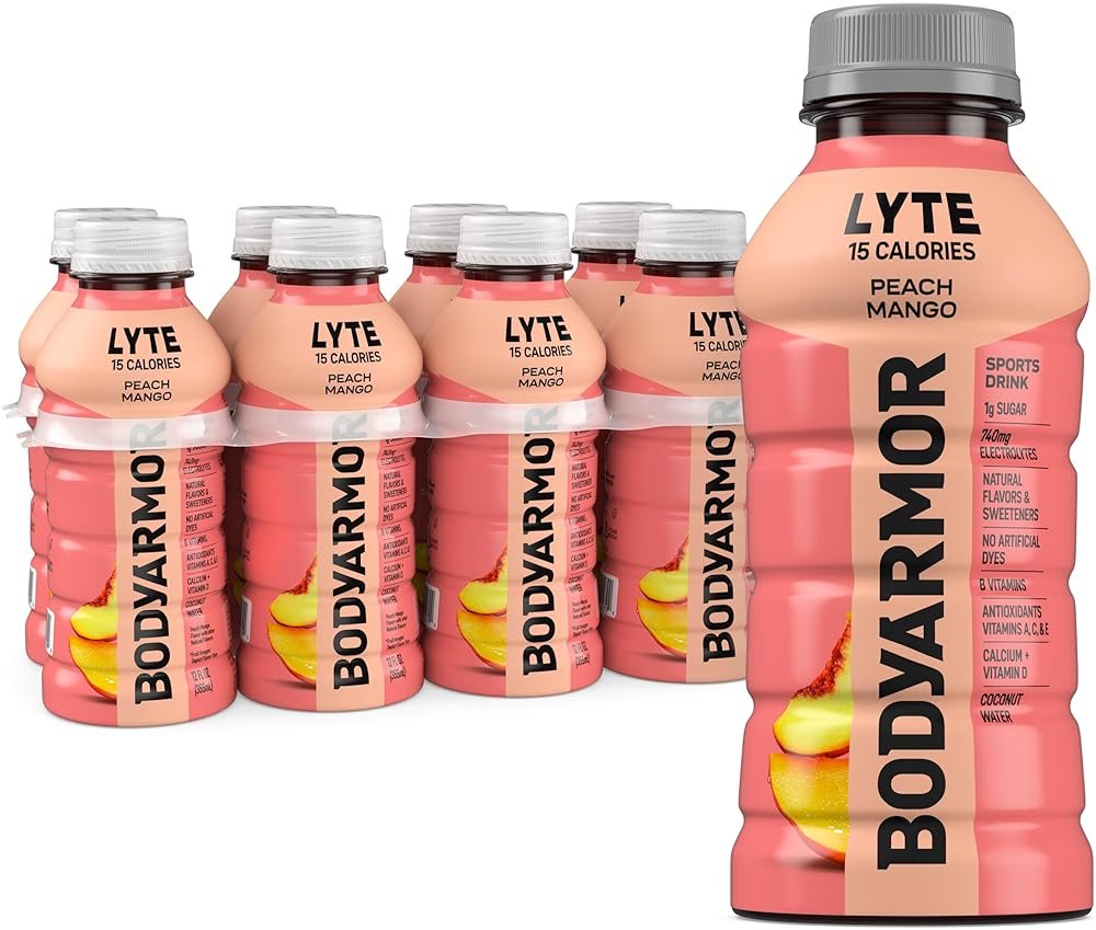 BODYARMOR LYTE, Peach Mango, Electrolyte Drink, 15 Calories, 12 Fl Oz Bottles (8 Pack), Coconut Water Sports Drink, Natural Flavor & B Vitamins - Product Image
