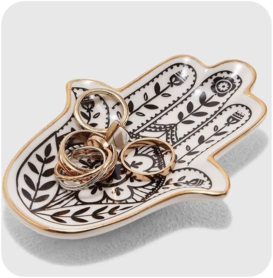 MADE BY LUCKY Jewelry Trinket Ring Dish Ceramic Hamsa Evil Eye Hand of Fatima Holder Key Ashtary Trinket Plate Bowl Small Boho Home Decorative Cute Decor Jewelry Tray Dish Gift Mom Brithday - Product Image