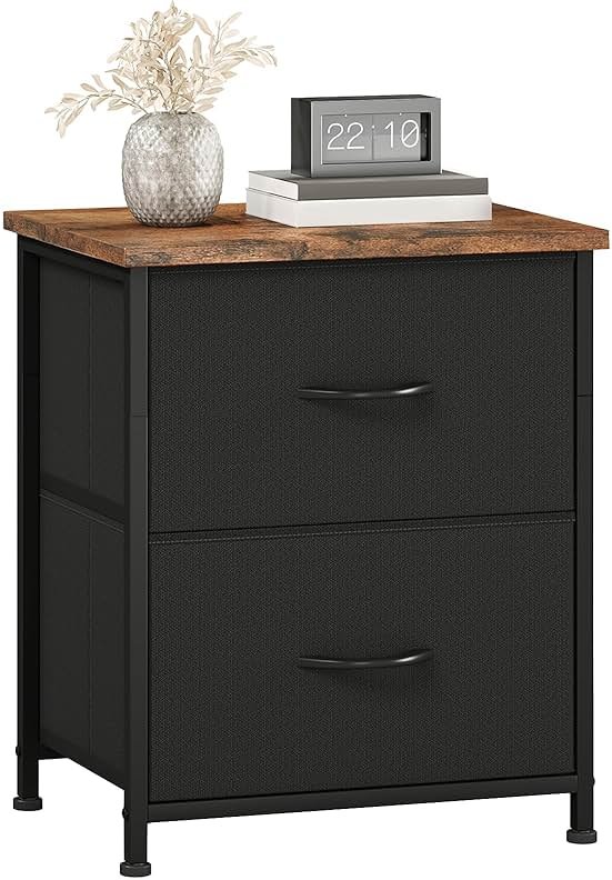 Somdot Nightstand, Small 2 Drawer Dresser End Table, Chest of Drawers, Bedside Table Night Stand End Table with Fabric Bins for Bedroom Kids Closet Dorm Guest Room, Black Rustic Brown - Product Image